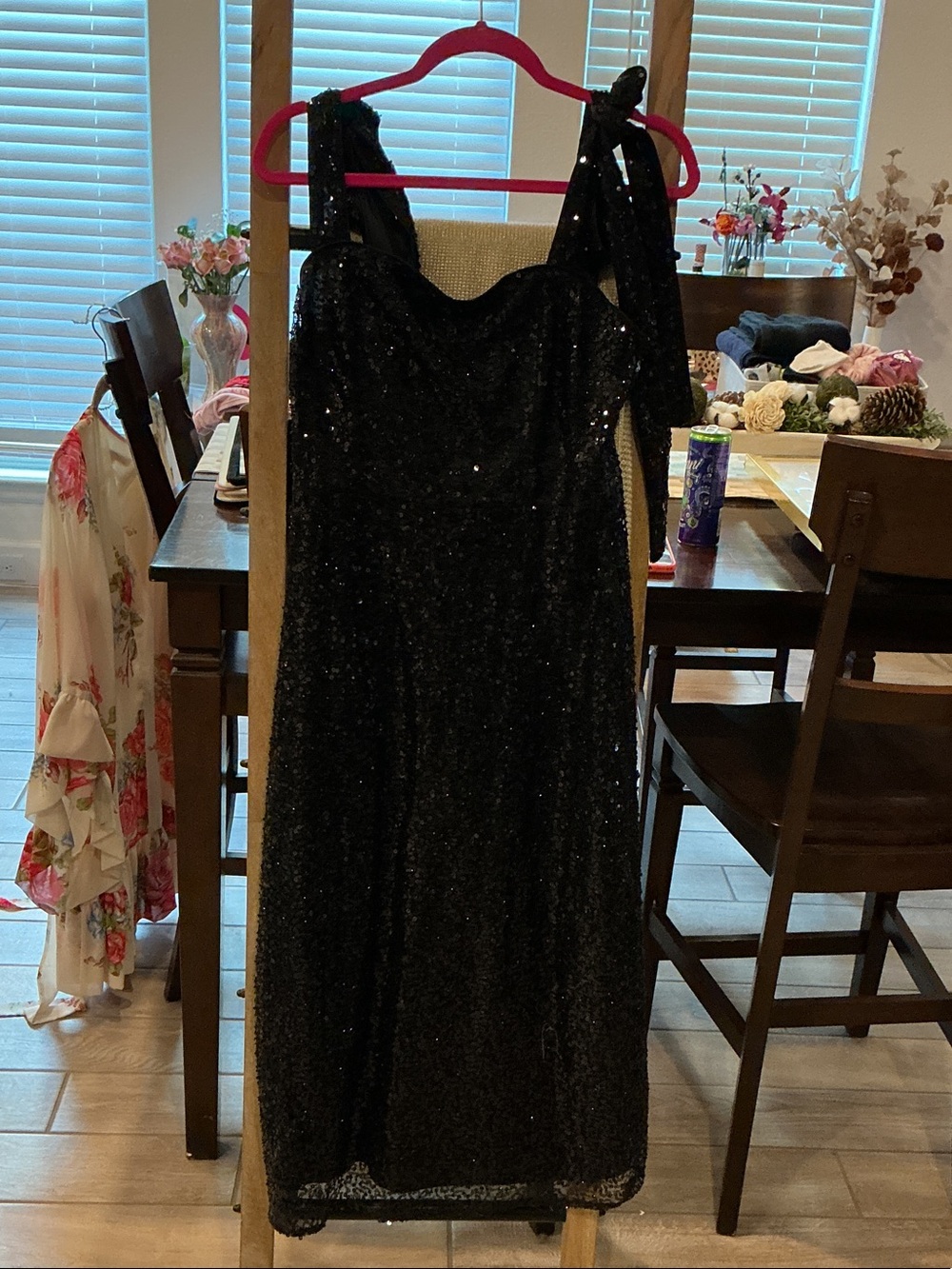 Black Sequin Maxi Dress with Tie-Shoulder Straps